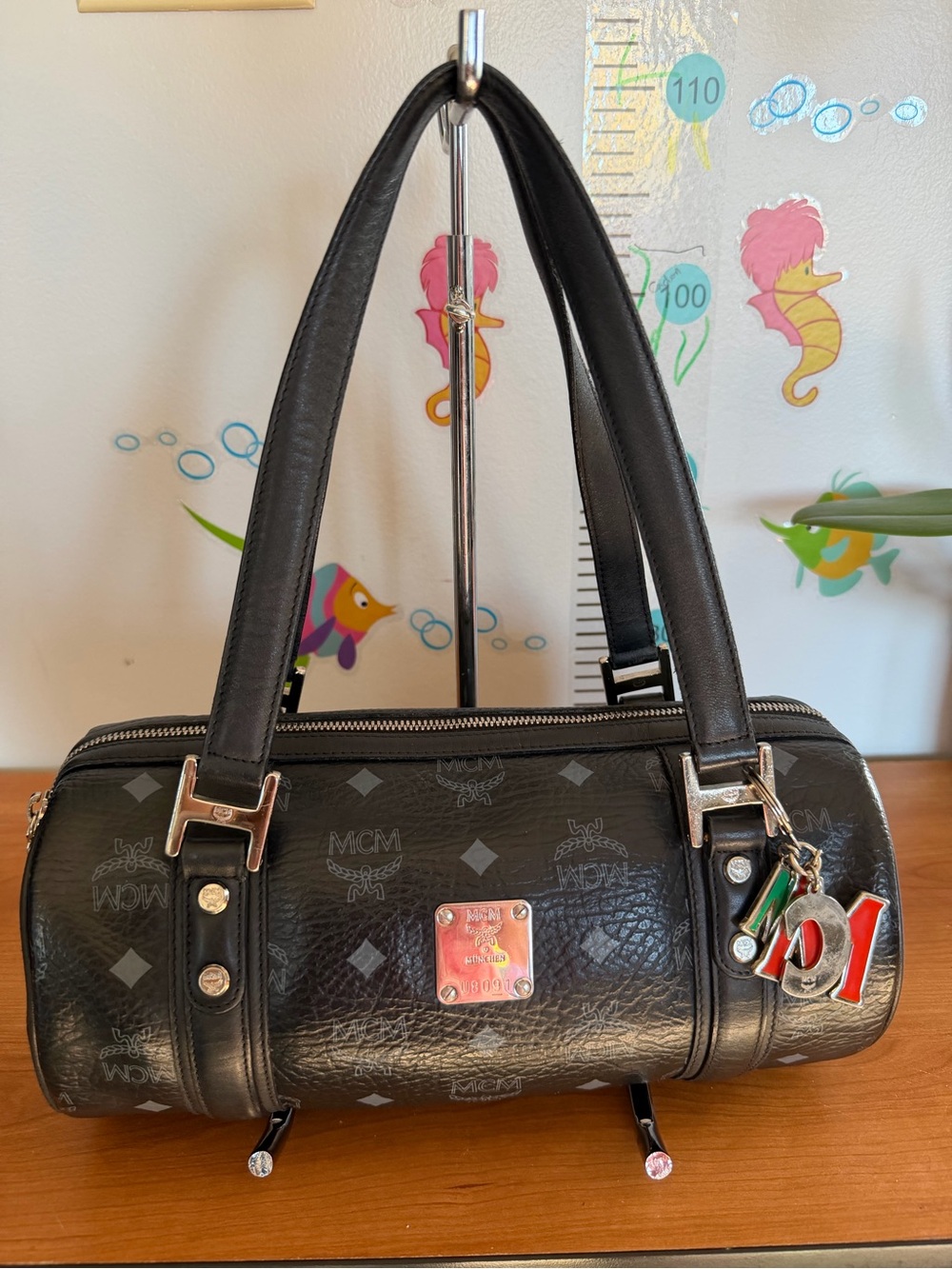MCM Black Visetos Barrel Shoulder Bag with Charm